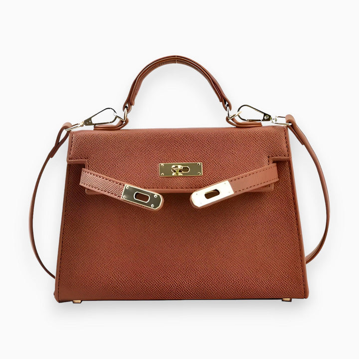 Braune Lederhandtasche mit goldenen Beschlägen, elegantes Design, Damenmode-Accessoire.