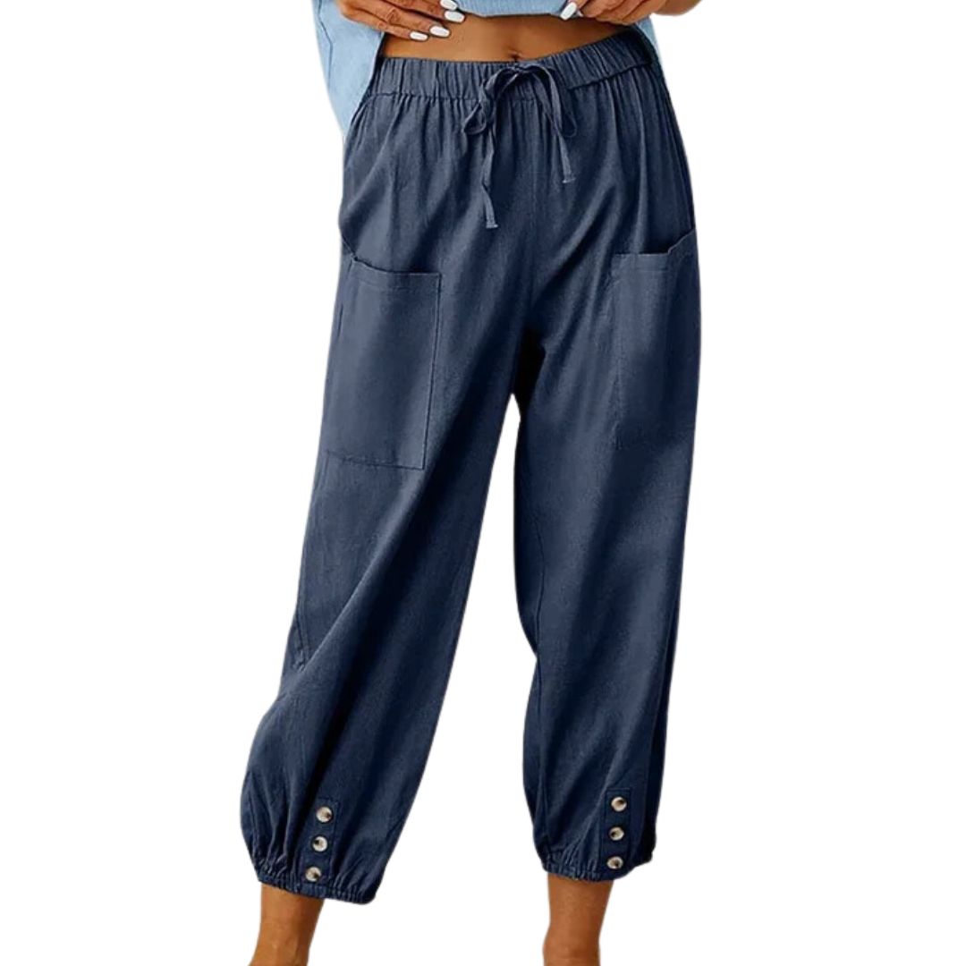 Dunkelblaue Damenhose mit Taschen, elastischem Bund und Knöpfen, lässige Sommermode.