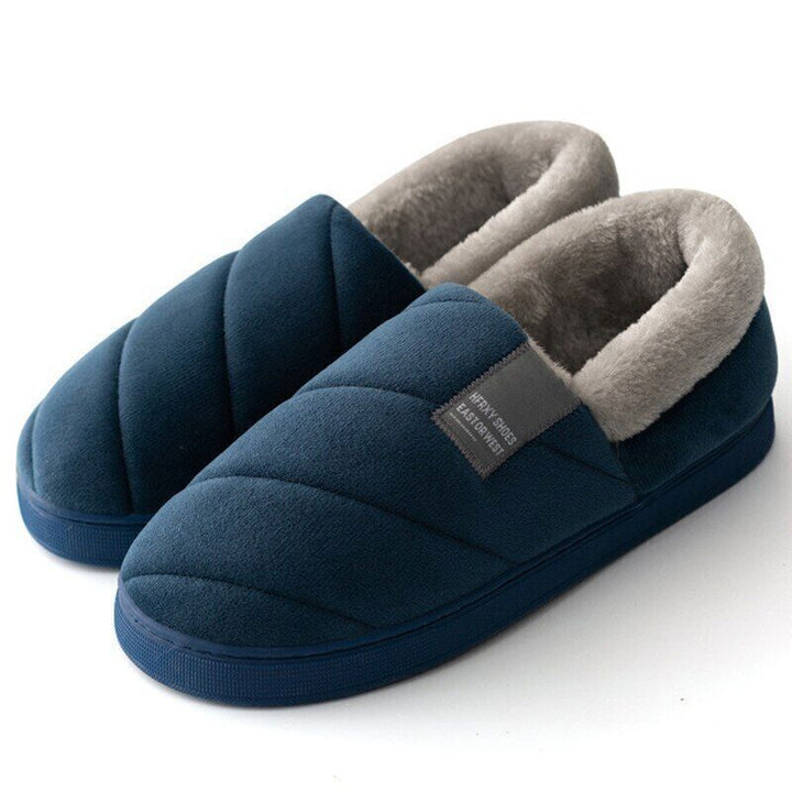 Dunkelblaue Hausschuhe, Plüschfutter, rutschfeste Sohle, warme Winterpantoffeln für Herren.