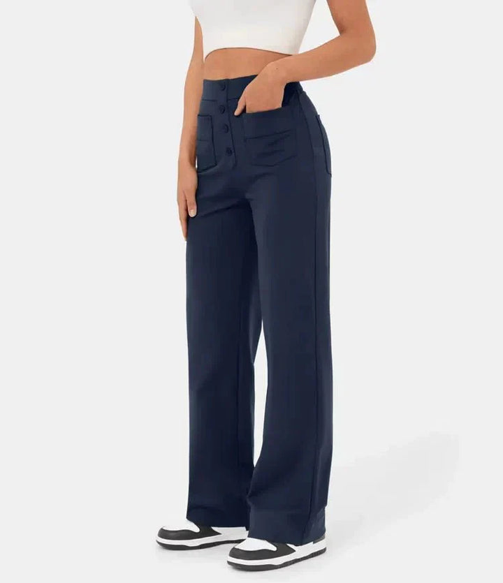 Damenhose, hoch tailliert, elastisch, dunkelblau, casual, modisch, bequem, Freizeitkleidung.
