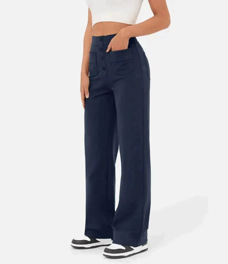 Damen High-Waist Hose, elastisch, dunkelblau, casual, modisch, bequem, Freizeitkleidung.