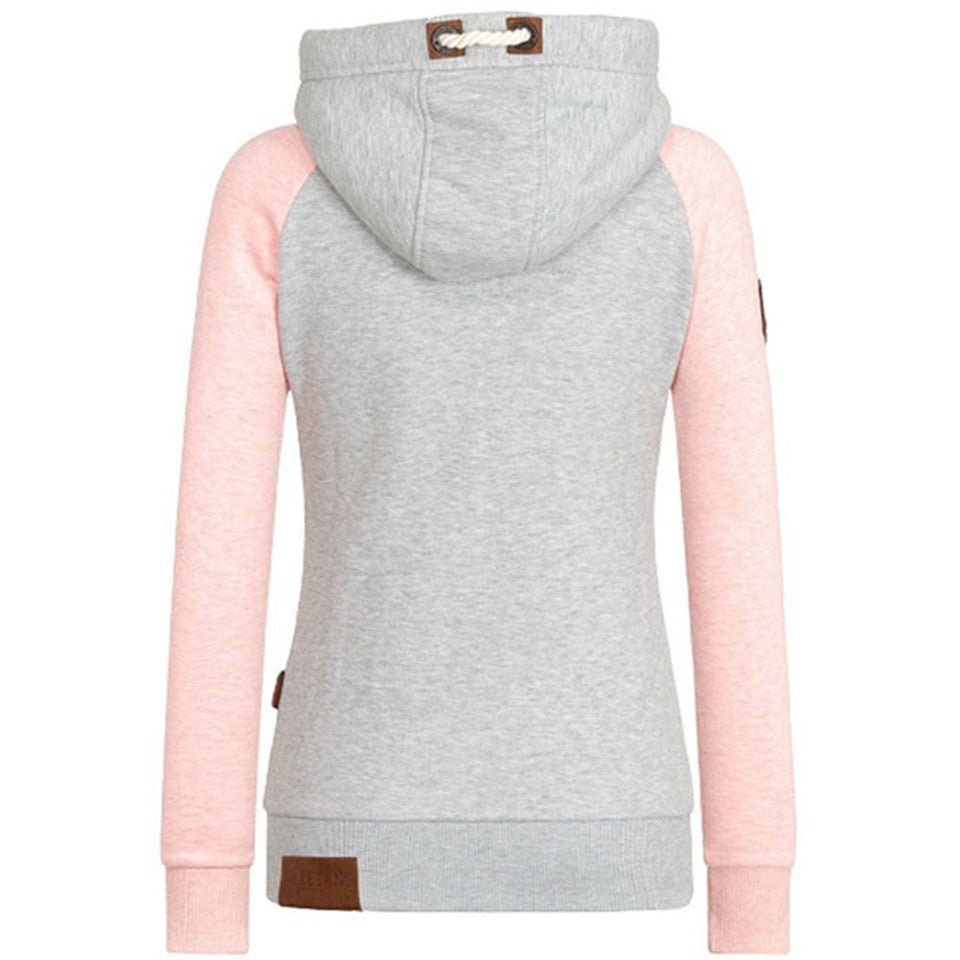 Grauer Damen-Hoodie mit Kapuze, rosa Ärmeln, weichem Material, modisch und bequem.