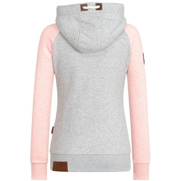 Grauer Damen-Hoodie mit Kapuze, rosa Ärmeln, weichem Material, modisch und bequem.