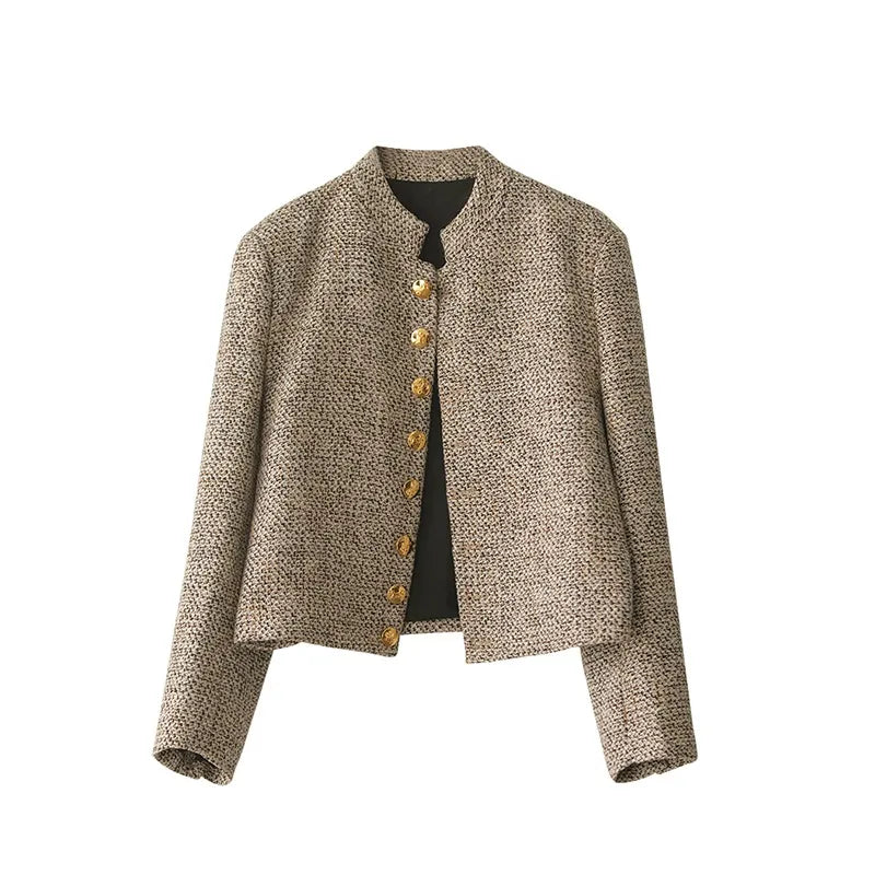 Damen Blazer beige, Leinen, Knopfleiste, elegant, Büro, modisch, Herbstmode, klassisch.