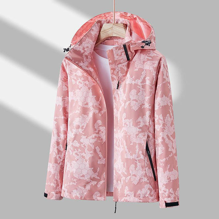 Damen Regenjacke rosa, Blumenmuster, wasserdicht, Kapuze, Outdoor-Bekleidung.