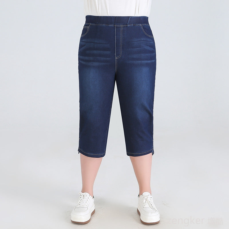 Damen Capri-Jeans, dunkelblau, elastisch, bequem, Freizeitmode, Sommerkleidung, Baumwolle.