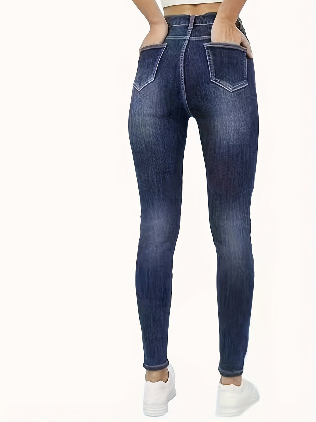 Damen-Jeanshose, dunkelblau, Skinny-Fit, hohe Taille, Rückansicht, modisch, bequem.