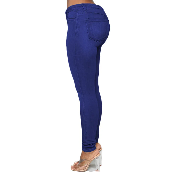 Damen-Jeans, dunkelblau, Skinny-Fit, hohe Taille, elastisch, modisch, seitliche Ansicht.