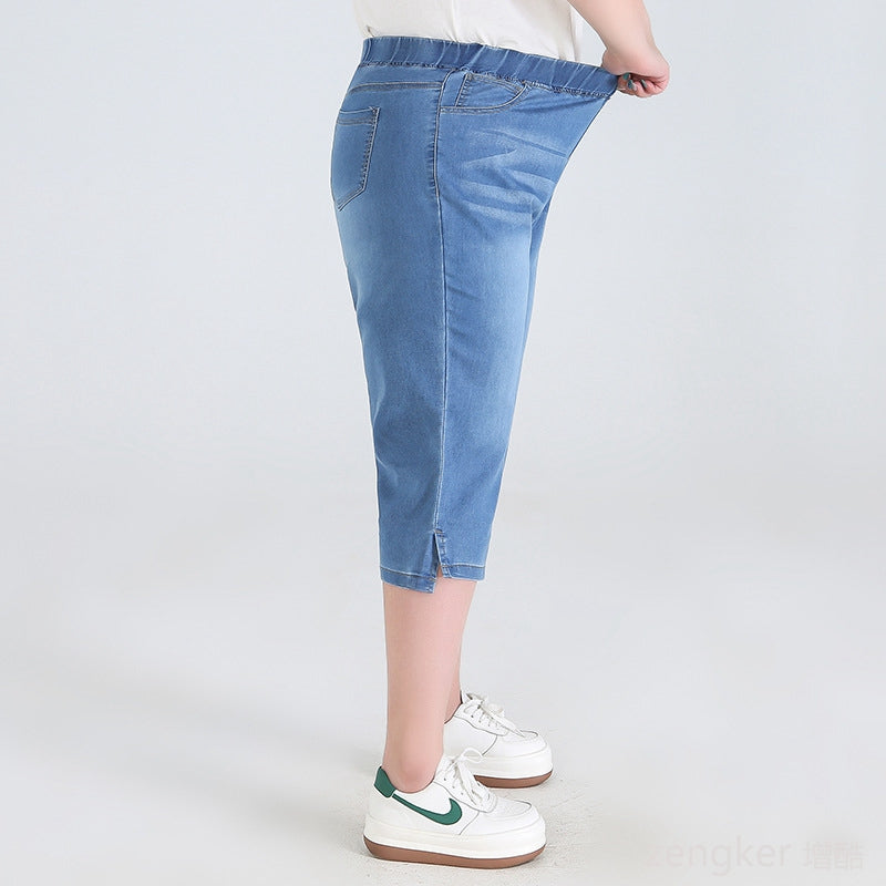 Damen Capri-Jeans blau, elastisch, bequem, Sommermode, seitliche Taschen, Freizeitkleidung.