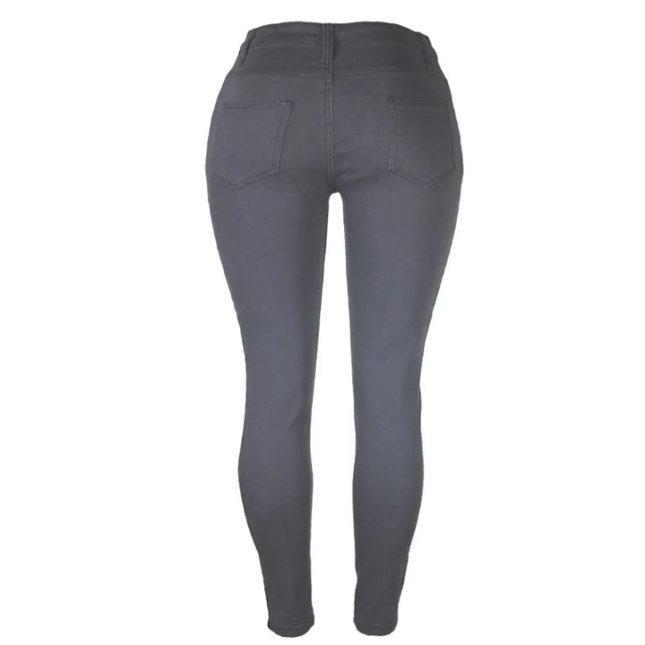 Graue Damen-Jeans, Skinny-Fit, hohe Taille, Rückansicht, modisch, bequem, Alltagskleidung.