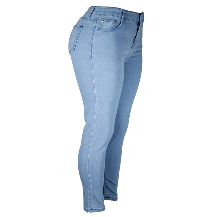 Hellblaue Damenjeans, Skinny Fit, Stretch-Denim, seitliche Ansicht.