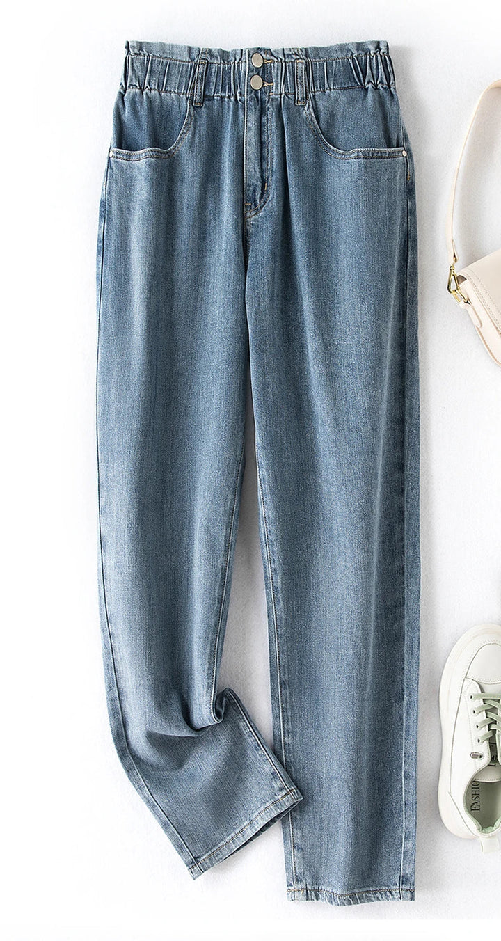 Damen-Jeanshose, blau, elastischer Bund, lässig, Denim, modisch, bequem, Alltagskleidung.