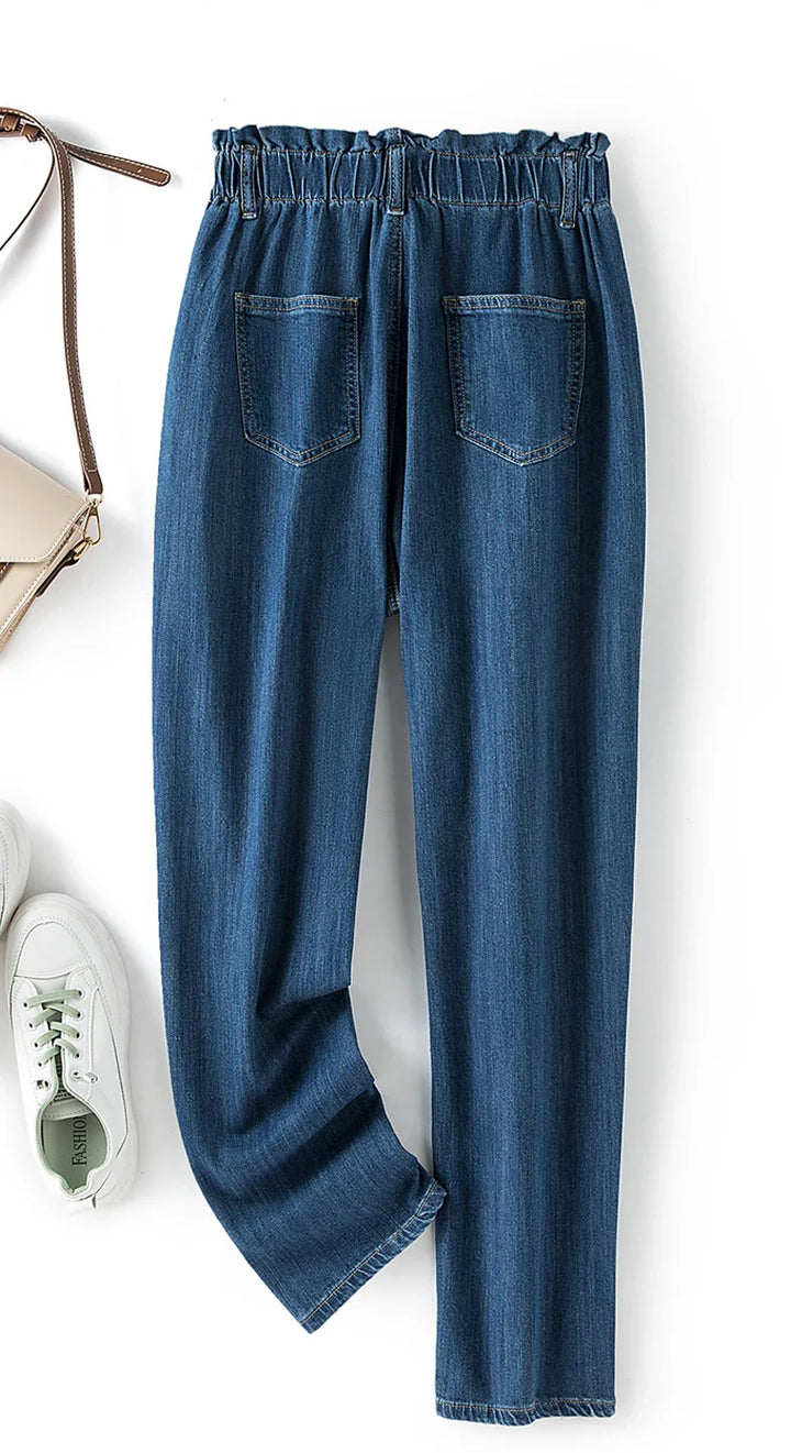 Damen-Jeanshose, blau, elastischer Bund, lässig, Baumwolle, mit Taschen, modisch.