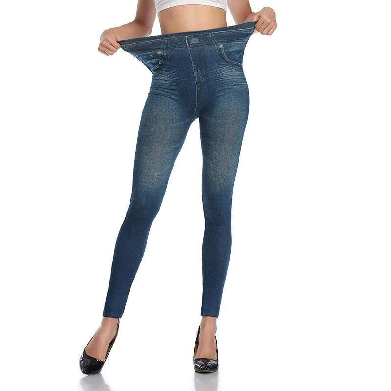 Damen Leggings Jeans-Optik, blau, figurformend, elastisch, hoher Bund, modisch.