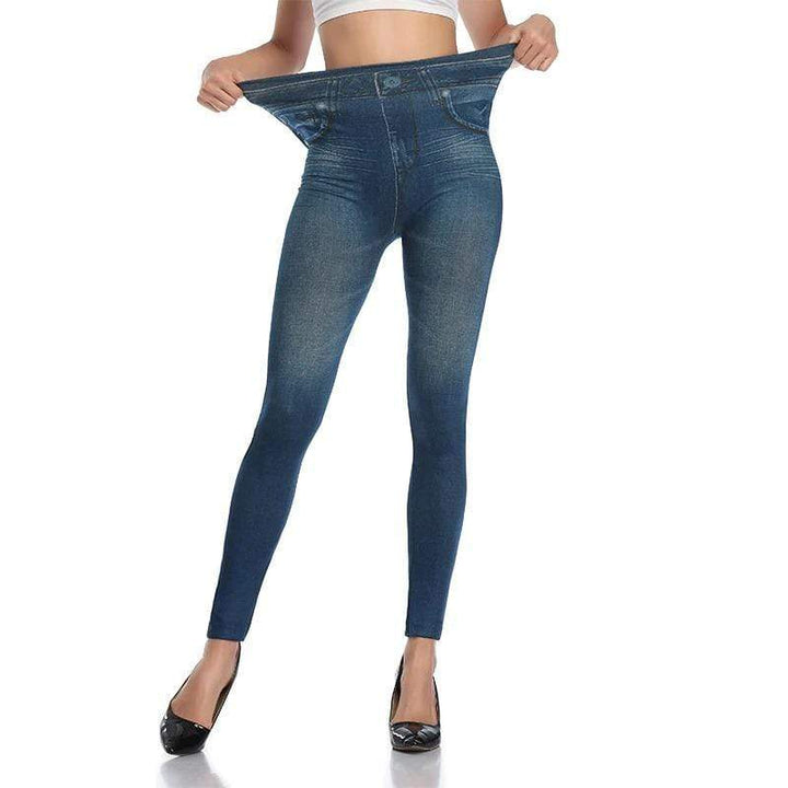 Damen Leggings Jeans-Optik, blau, figurformend, elastisch, hoher Bund, modisch.