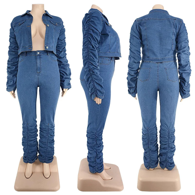Damen-Jeans-Set, blau, langärmelig, geraffte Hose, Jacke, modisch, Freizeitkleidung.