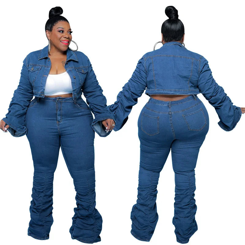 Damen-Jeans-Set, blau, langärmelig, Plus-Size, modisch, Freizeitkleidung, Vorder- und Rückansicht.