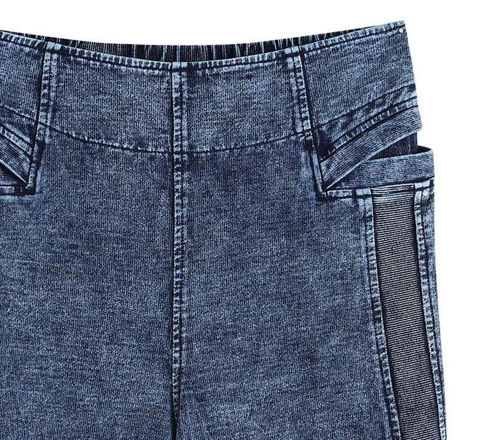 Damenjeans blau, hoher Bund, elastisch, modisches Design, seitliche Streifen, Denim-Look