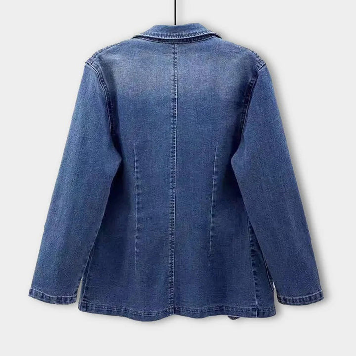 Damen Jeansjacke blau, klassischer Schnitt, Denim, modisch, Freizeitkleidung, Rückansicht.
