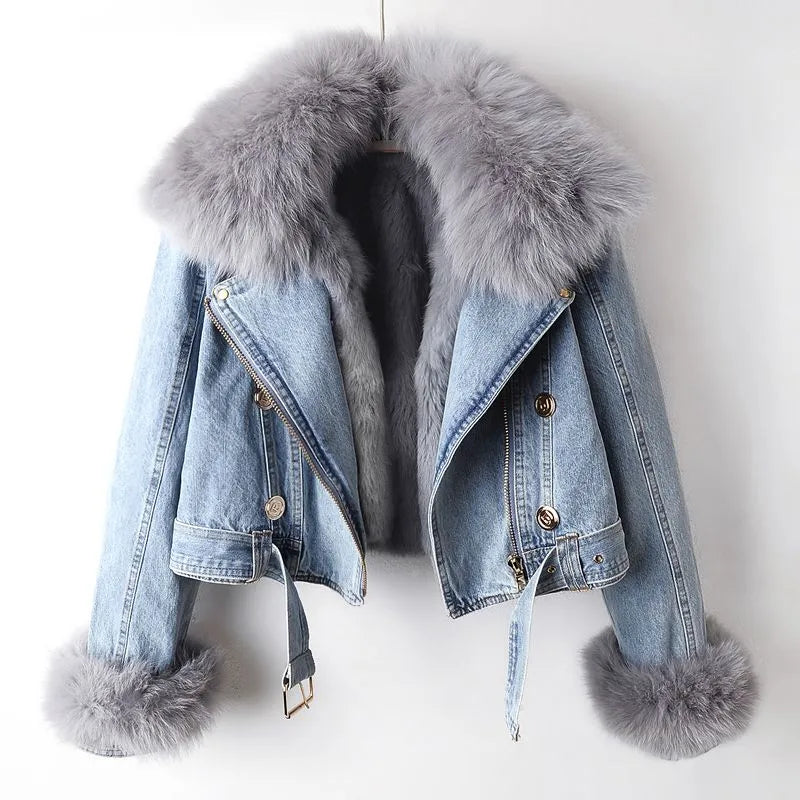 Damen Jeansjacke mit grauem Kunstfellkragen, modisch, warm, Winterjacke, blau.