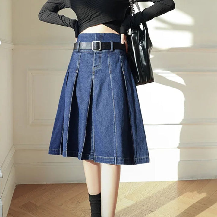 Damen Jeansrock, blau, A-Linie, mit Gürtel, modisch, knielang, Freizeitkleidung.