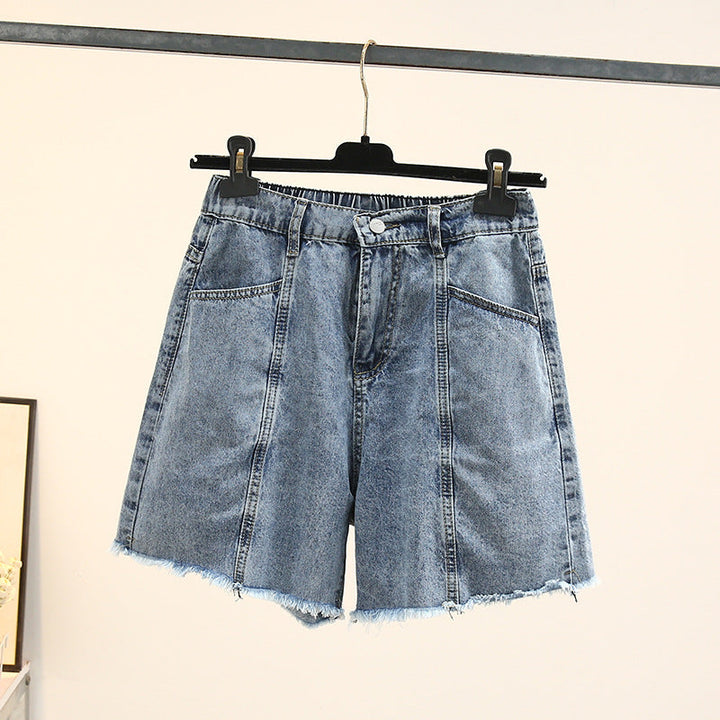 Damen Jeansshorts, blau, Fransen, hohe Taille, lässig, Sommermode, Denim-Shorts.