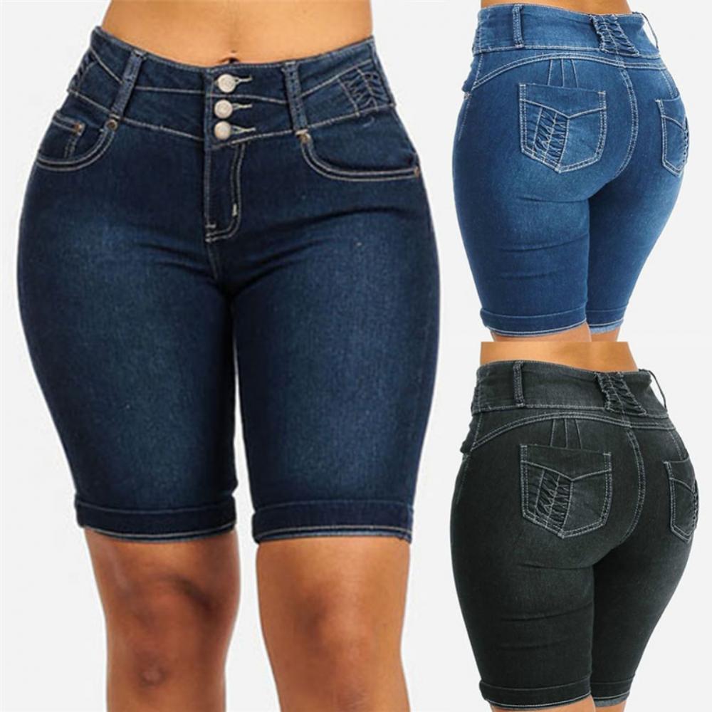 Damen Jeans-Shorts, dunkelblau, elastisch, hohe Taille, Knopfverschluss, Sommermode.