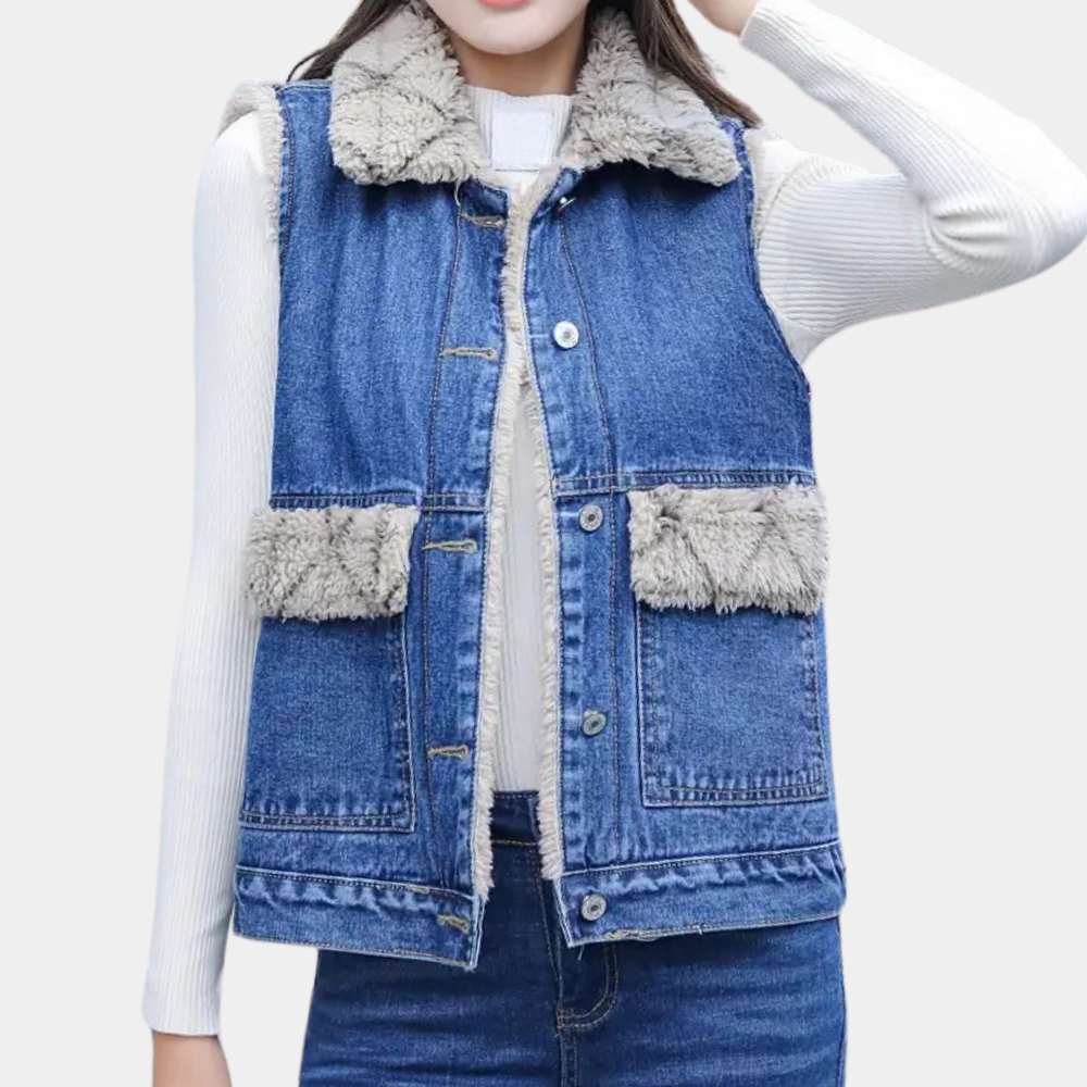 Damen Jeansweste mit Kunstfellkragen, blau, ärmellos, modisch, Herbstmode.