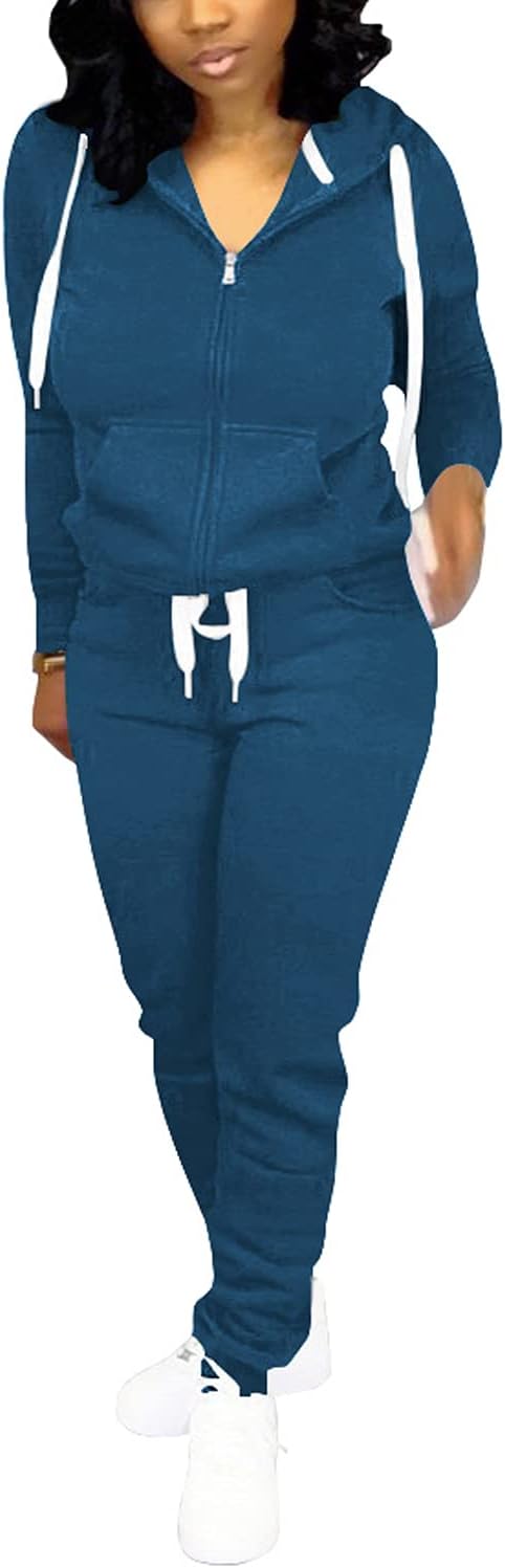 Damen Jogginganzug, dunkelblau, Kapuzenjacke mit Reißverschluss, weiße Kordeln, Freizeitmode.