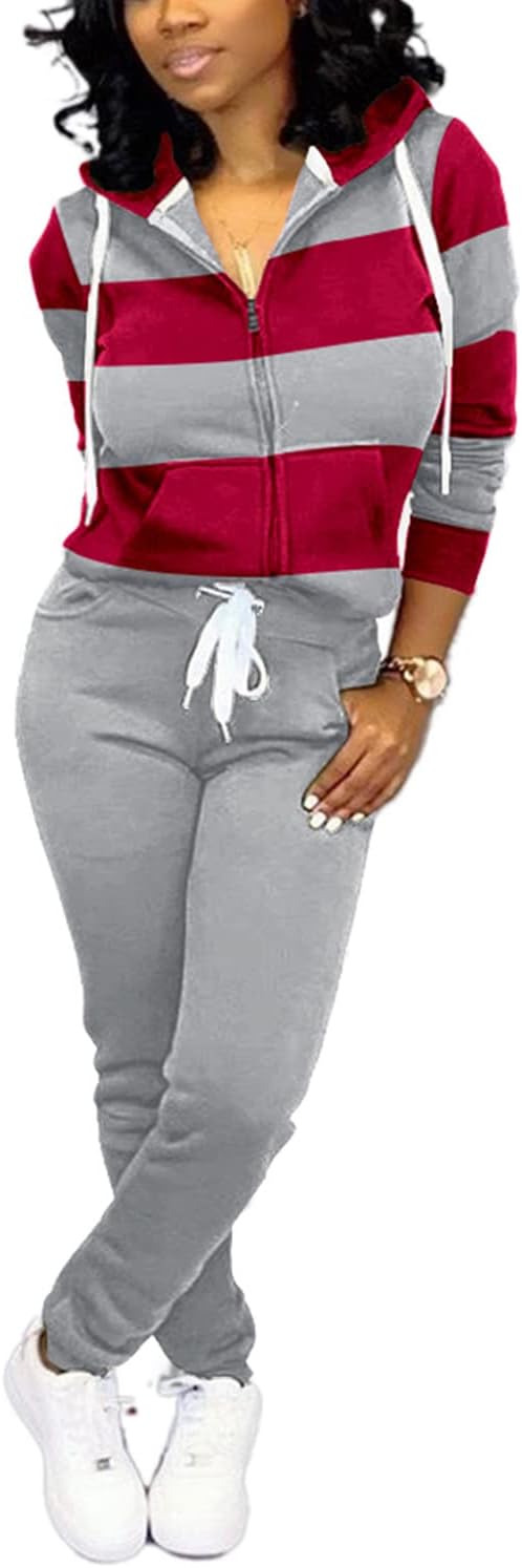 Damen Jogginganzug, rot-grau gestreift, Kapuzenjacke, Jogginghose, Freizeitmode.