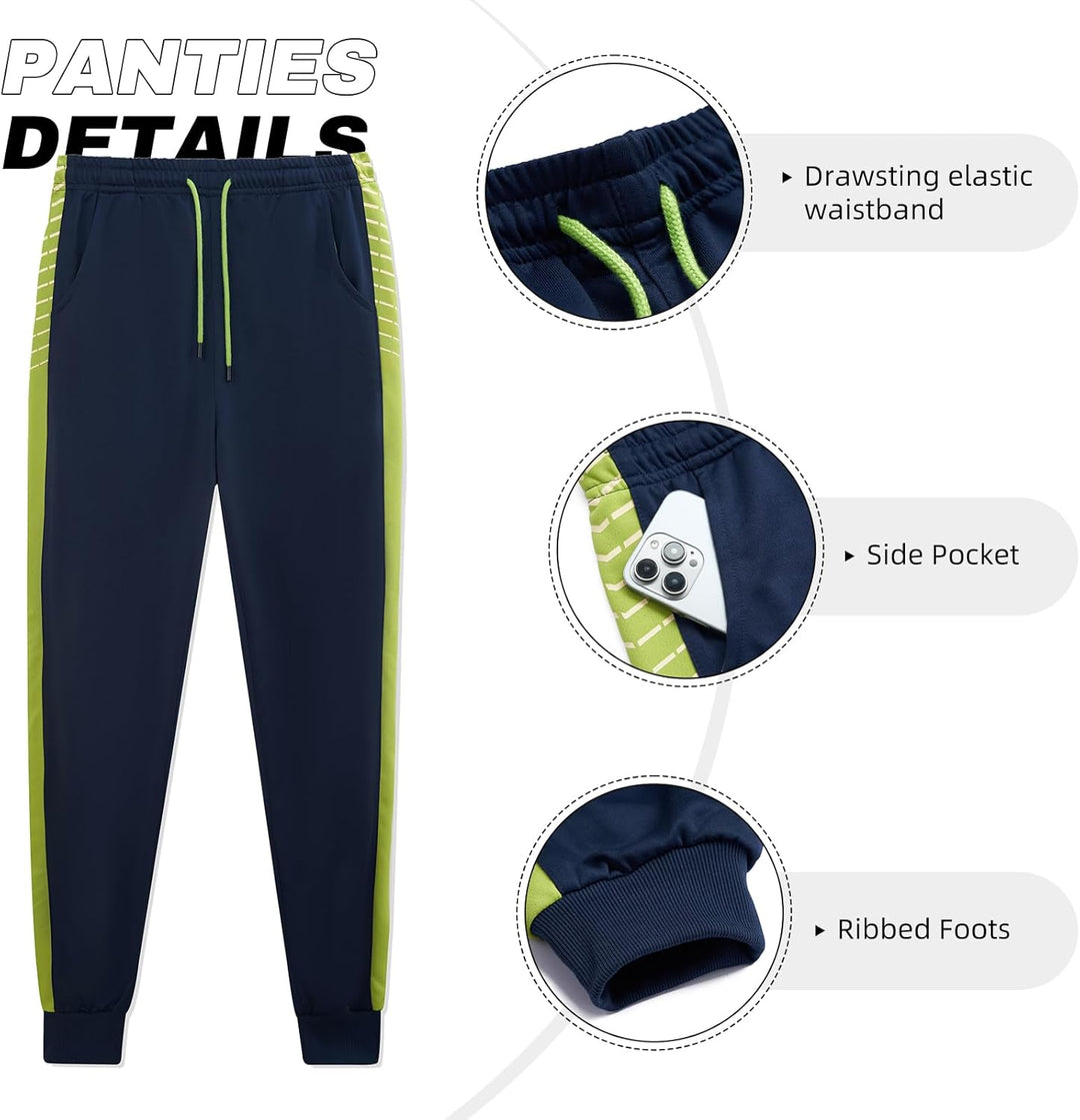 Dunkelblaue Jogginghose mit grünen Streifen, elastischem Bund, Seitentasche, gerippten Bündchen.