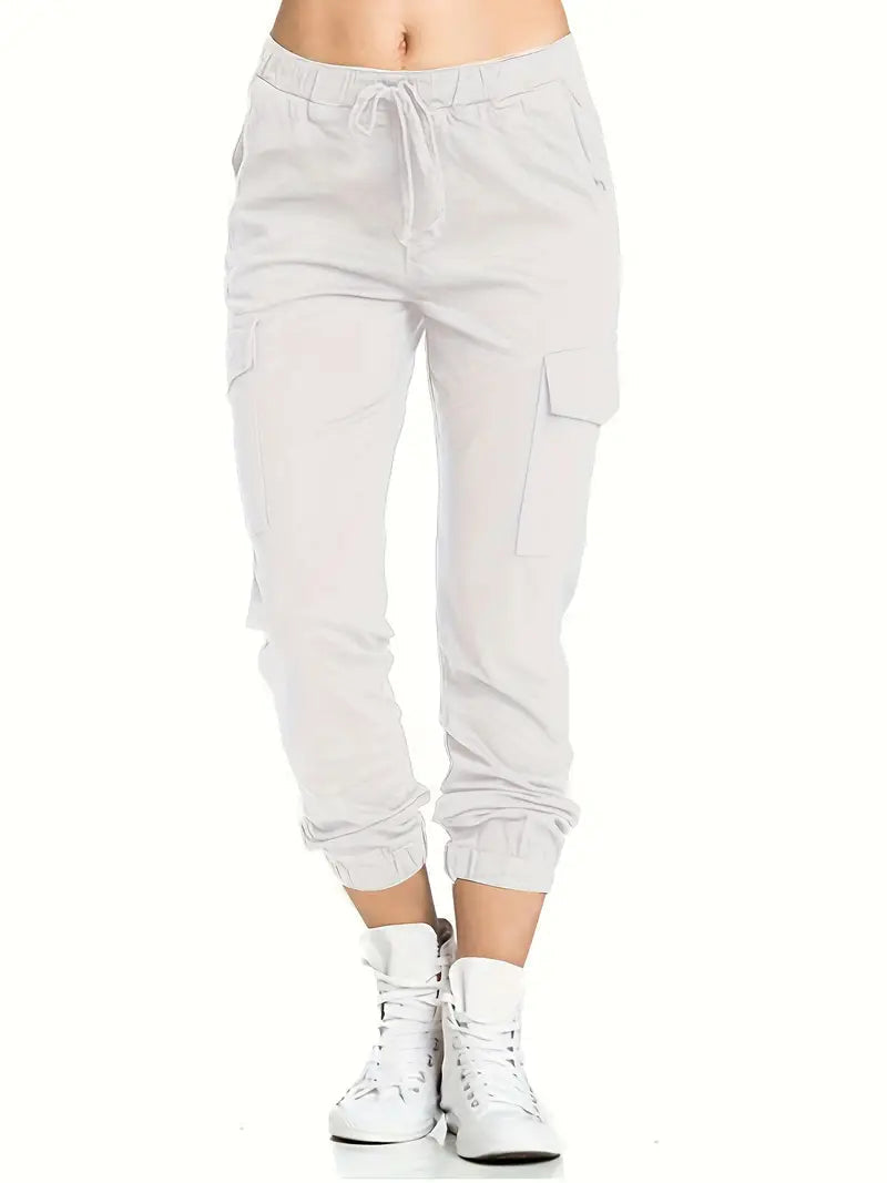 Damen Cargo Jogginghose, hellgrau, elastischer Bund, Seitentaschen, Freizeithose, Baumwolle.