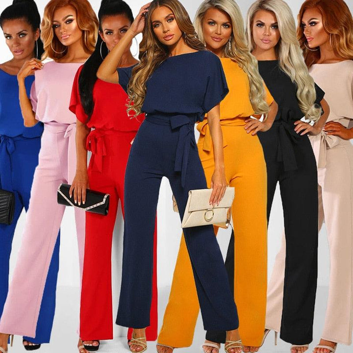 Frauen Jumpsuits in verschiedenen Farben, elegantes Design, Gürtel, Abendmode, Party-Outfit.