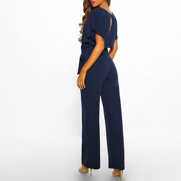 Damen Jumpsuit, dunkelblau, elegantes Design, Kurzarm, Gürtel, Abendmode, modisch, bequem.