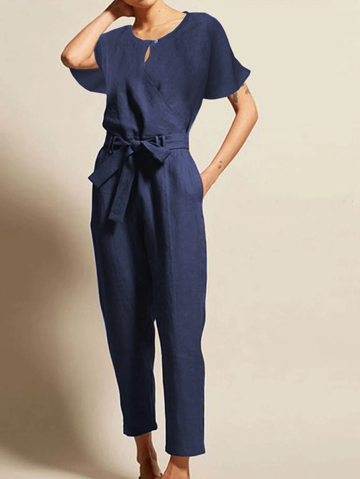 Damen Jumpsuit aus Leinen, dunkelblau, mit Gürtel, Kurzarm, elegantes Design, Sommermode.