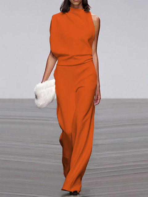 Damen Jumpsuit Orange, ärmellos, Rundhals, weite Beine, elegantes Sommer-Outfit, Büro-Look.