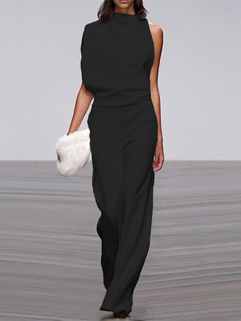 Damen Jumpsuit Schwarz, ärmellos, Rundhals, weite Beine, elegant, Sommermode, Büro-Look.