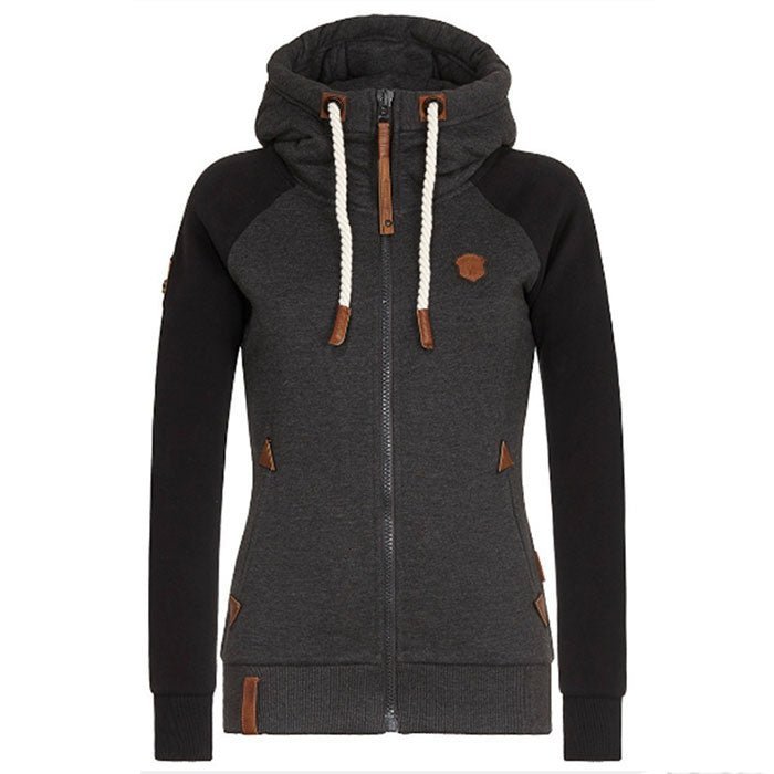 Damen Kapuzenjacke, dunkelgrau, Reißverschluss, Kordelzug, Lederdetails, modern, bequem.