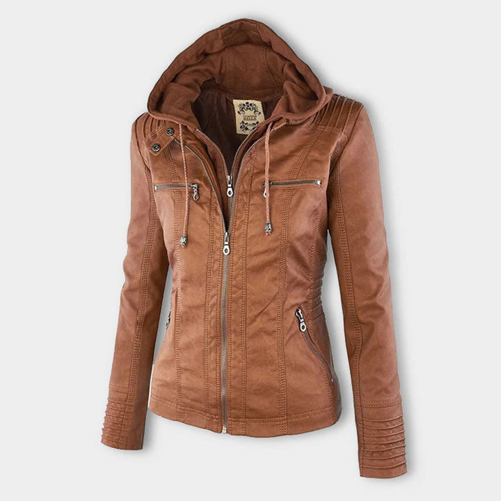 Damen-Kapuzenjacke, khaki, Lederoptik, Reißverschlüsse, modisch, Herbstbekleidung.