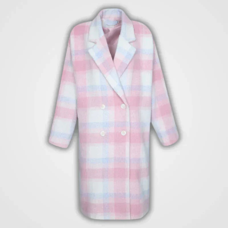 Damenmantel kariert rosa-weiß, zweireihig, Wintermode, Wollmischung, elegant, warm.