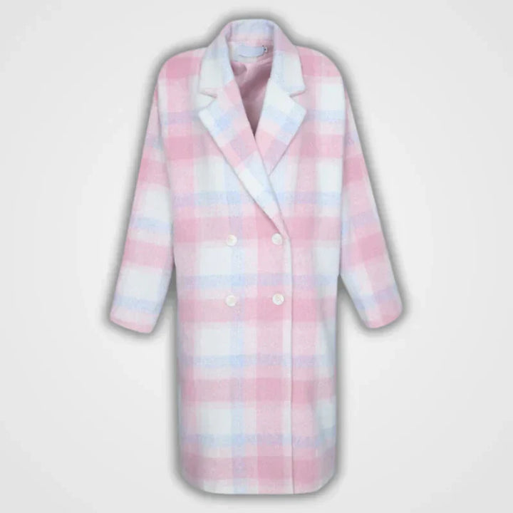 Damenmantel kariert rosa-weiß, zweireihig, Wintermode, Wollmischung, elegant, warm.