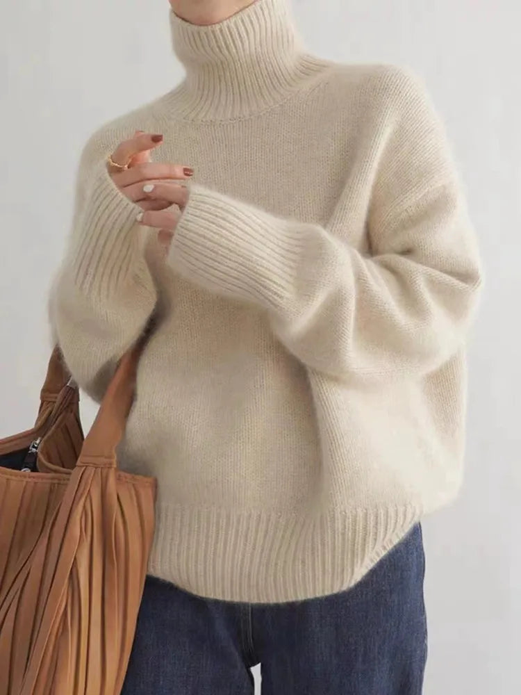 Damen Kaschmir Rollkragenpullover, beige, Herbst Winter 2023, locker, warm, modisch.