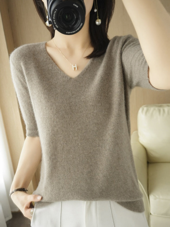 Damen Pullover aus Kaschmir, V-Ausschnitt, beige, weiches Material, elegantes Design