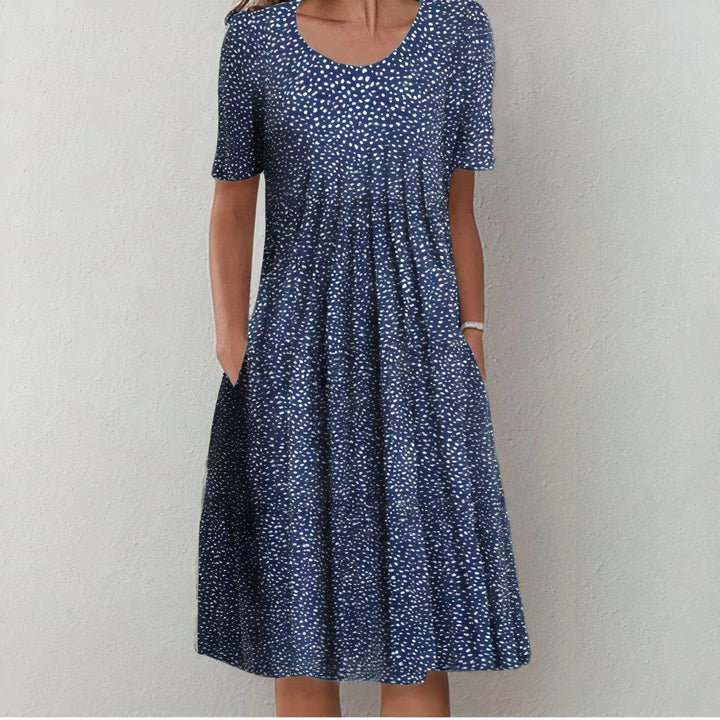 Damen Sommerkleid blau mit weißen Punkten, knielang, kurzärmelig, lässig, Baumwolle.