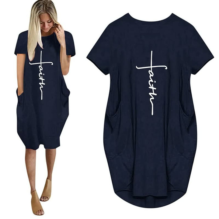 Damen T-Shirt-Kleid, dunkelblau, mit "Faith"-Aufdruck, kurze Ärmel, lässig, Baumwolle.