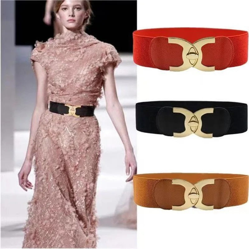 Damen elastischer Gürtel, goldene Schnalle, rot, schwarz, braun, modisches Accessoire.
