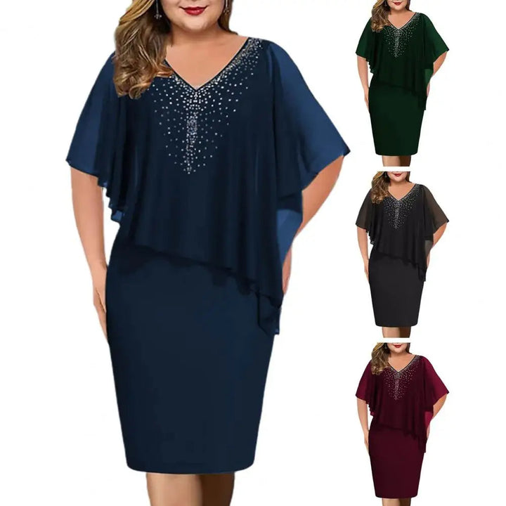 Damenkleid mit Pailletten, V-Ausschnitt, Übergröße, in Blau, Grün, Schwarz, Rot, elegant.