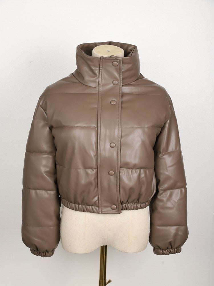 Braune Kunstleder-Daunenjacke mit Stehkragen, Knopfleiste, Damenmode, Winterjacke.