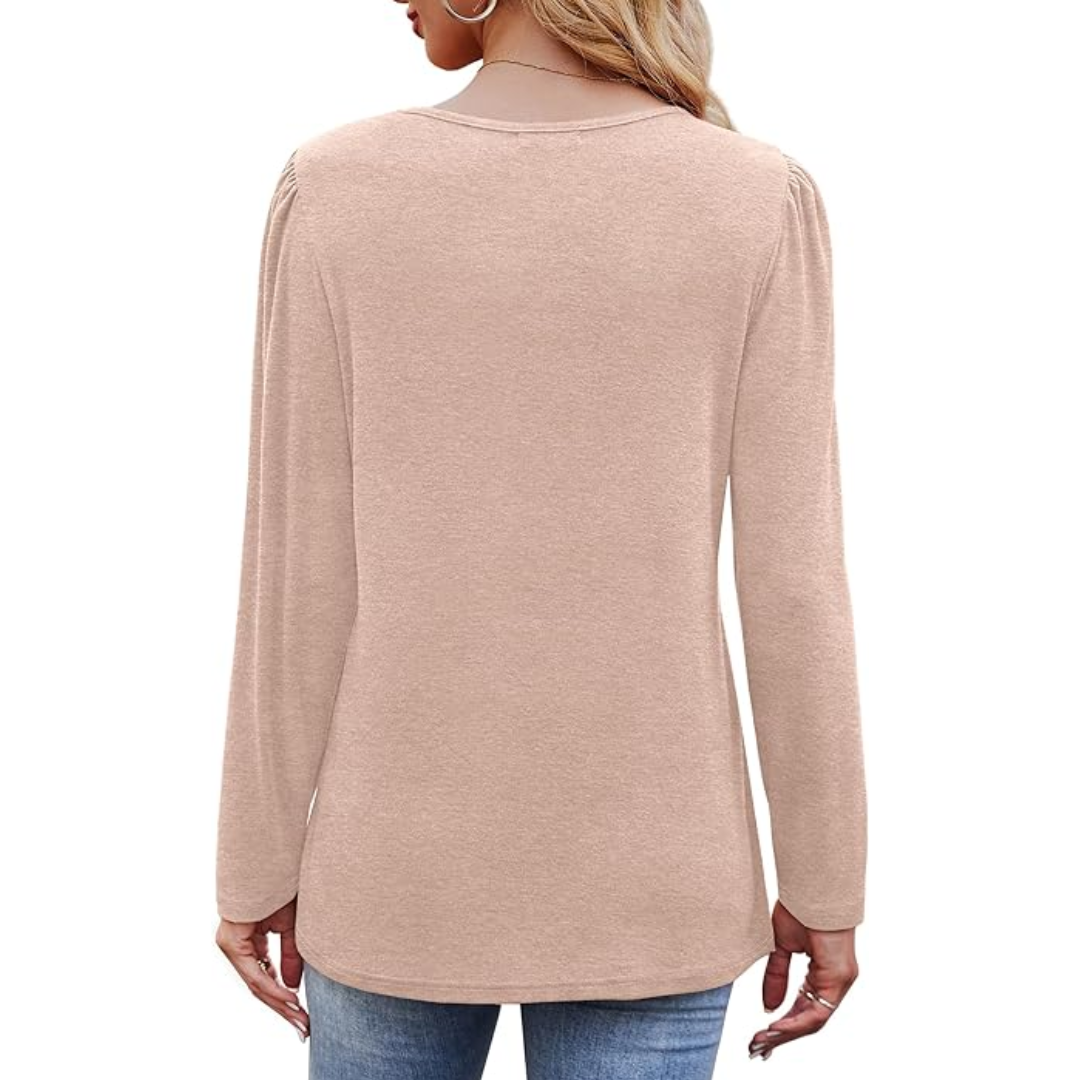 Damenpullover beige, langärmelig, Baumwolle, Rückansicht, modisch, Herbstmode, bequem.
