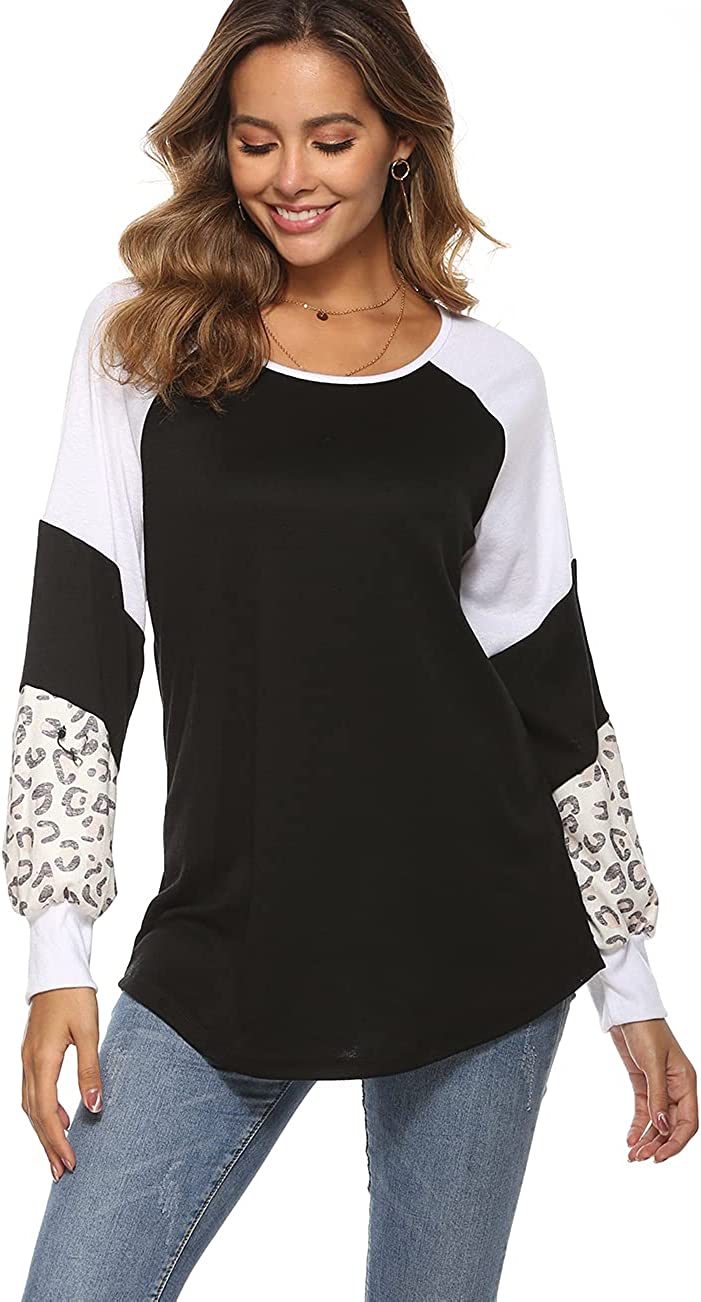 Damen Langarmshirt schwarz-weiß mit Leopardenmuster, lässig, Baumwolle, modisch, bequem.